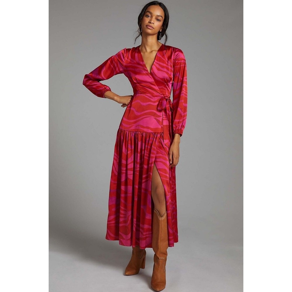Anthropologie Hutch Zebra Striped Pink and Red Wrap Maxi Dress Size XS